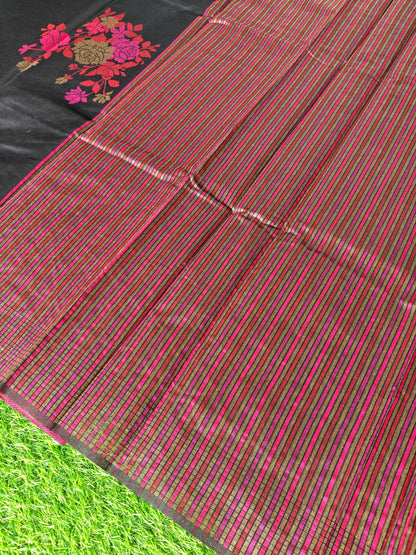Black Cotton Saree with Thread Embroidery & Contrast Border | Elegant Traditional Saree
