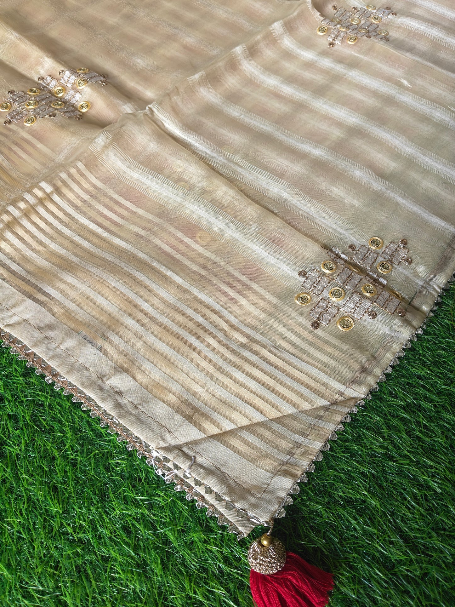 light beige tissue Silk with contrast red blouse