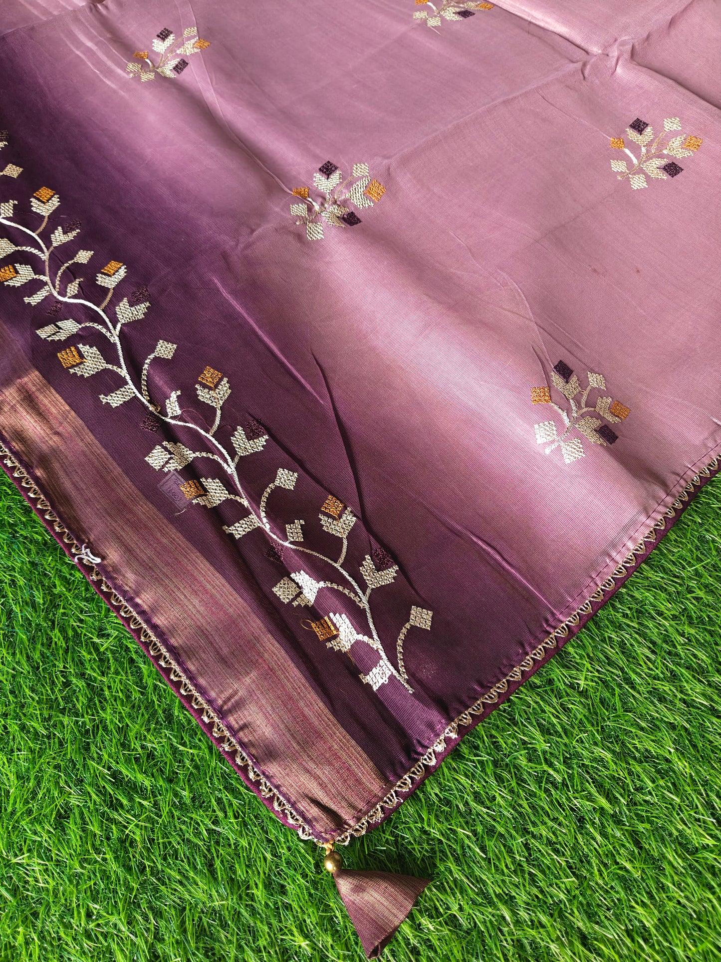 Double shaded dark wine & light wine color soft net thread embroidered saree