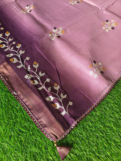 Double shaded dark wine & light wine color soft net thread embroidered saree