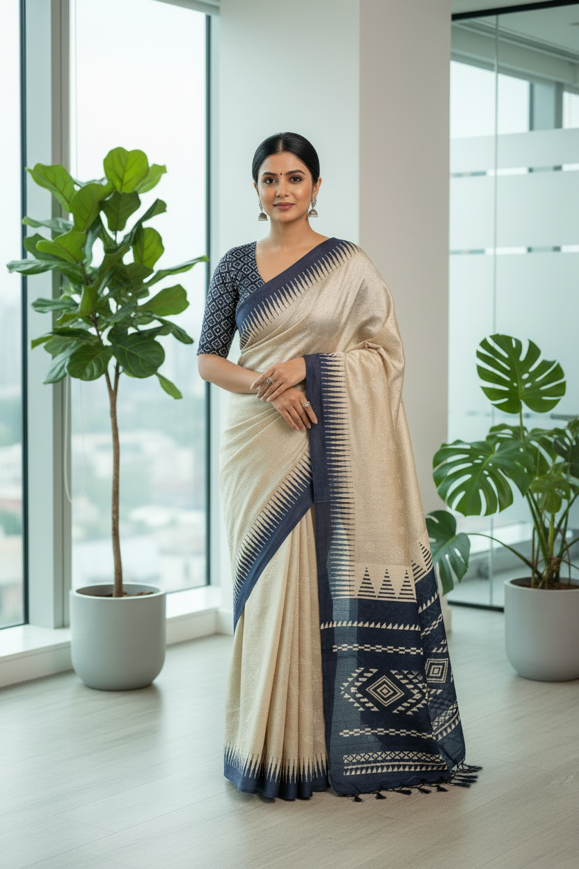 Cream Self Thread Embroidered Soft Silk Saree with Contrast Border