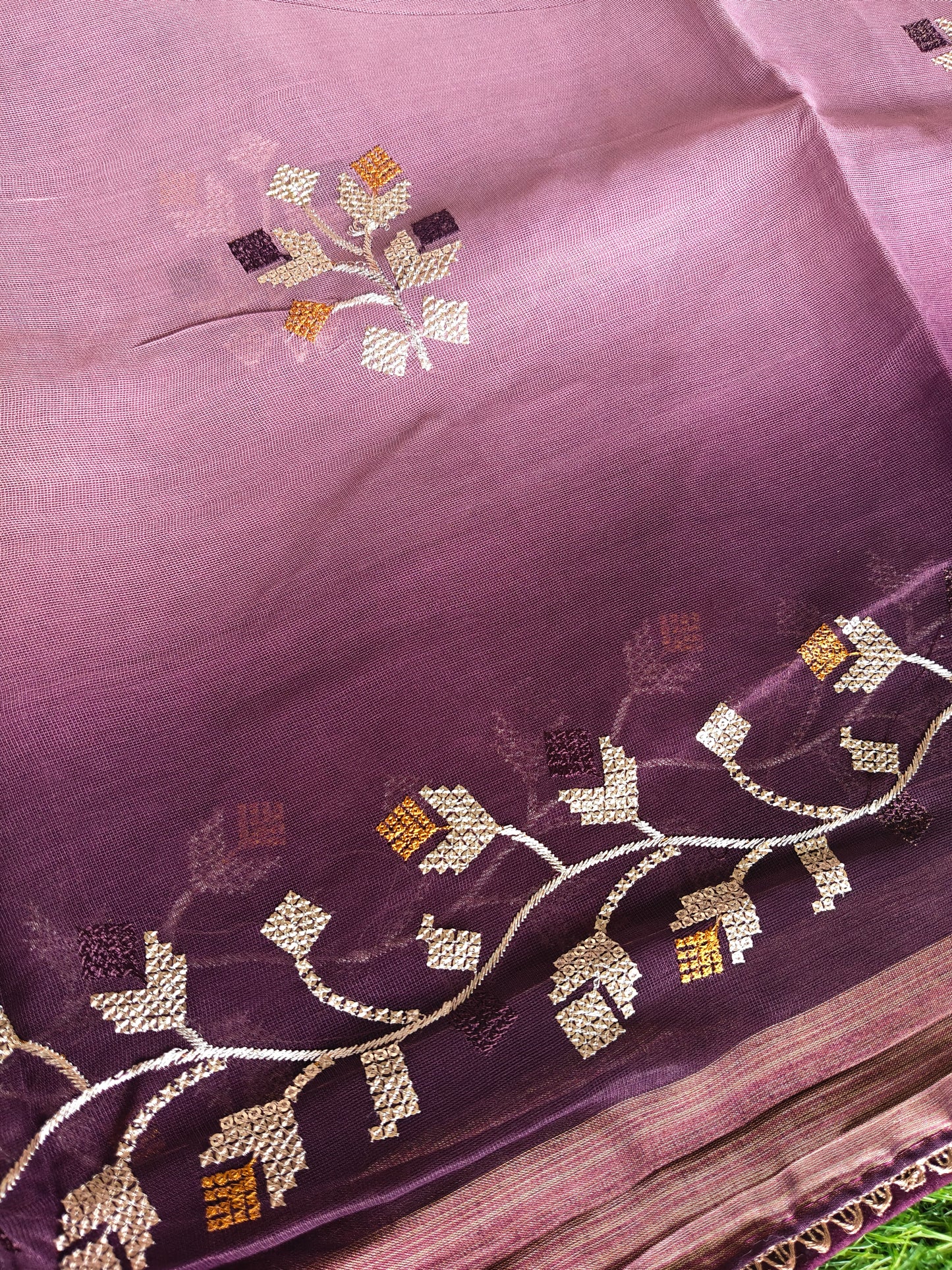 Double shaded dark wine & light wine color soft net thread embroidered saree