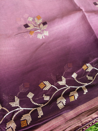 Double shaded dark wine & light wine color soft net thread embroidered saree