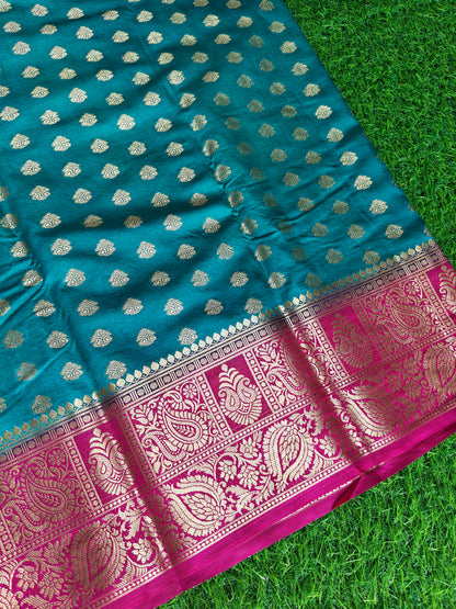 Peacock or Teal Blue Banarasi Semi Georgette Silk Saree with Rani Pink Contrast Border & Blouse