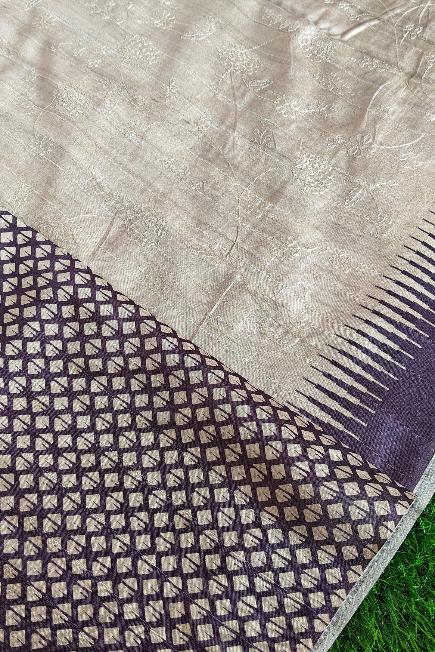 Cream Self Thread Embroidered Soft Silk Saree with Contrast Border