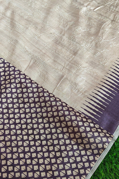 Cream Self Thread Embroidered Soft Silk Saree with Contrast Border