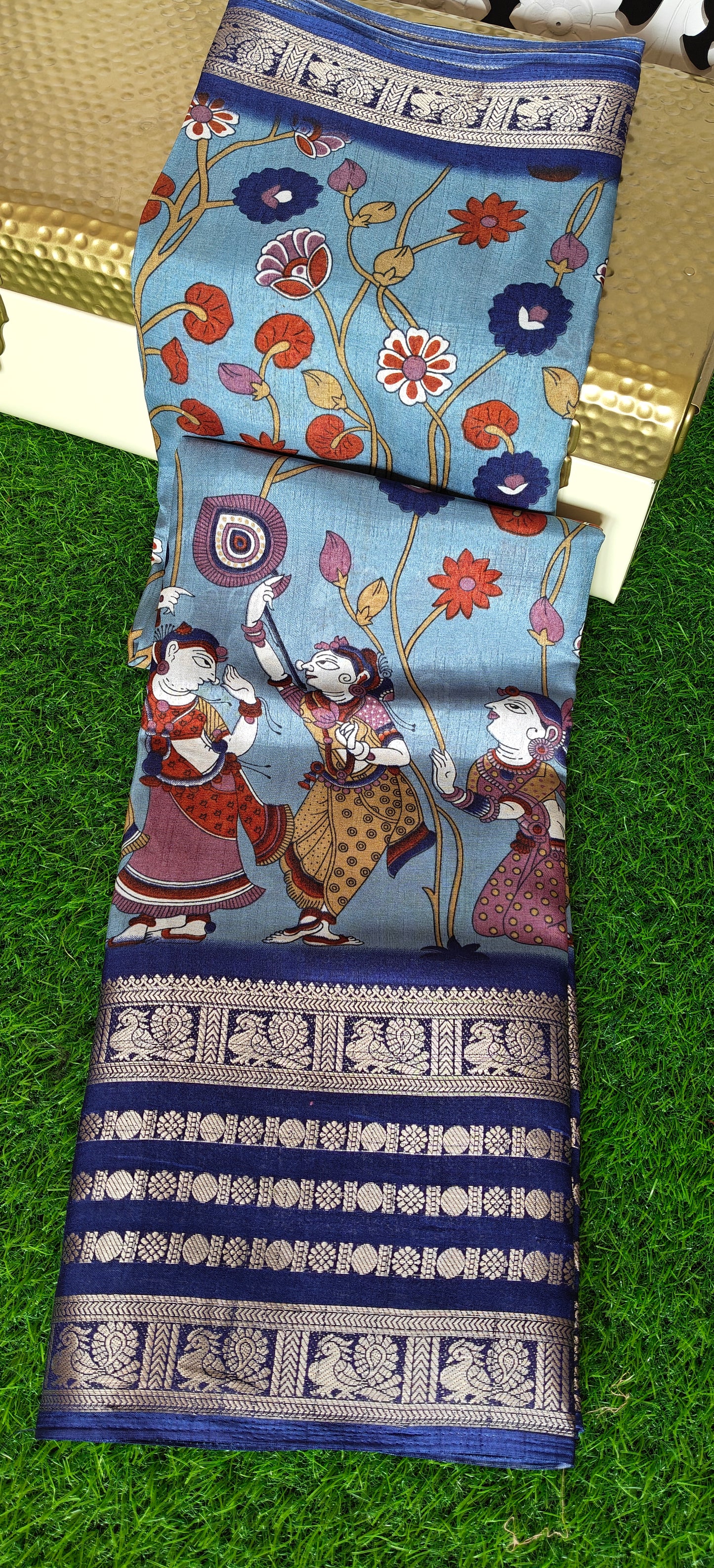 Blue Kalamkari Print Semi Crepe Silk