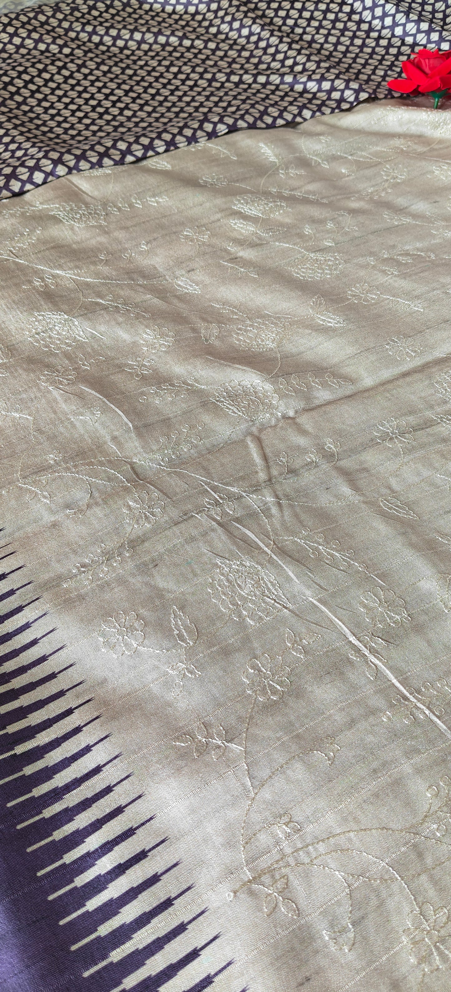 Cream Self Thread Embroidered Soft Silk Saree with Contrast Border