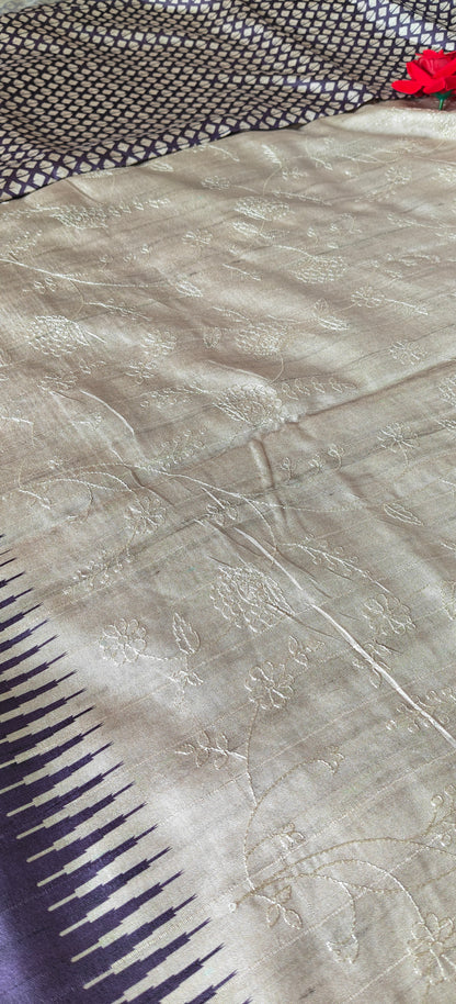 Cream Self Thread Embroidered Soft Silk Saree with Contrast Border