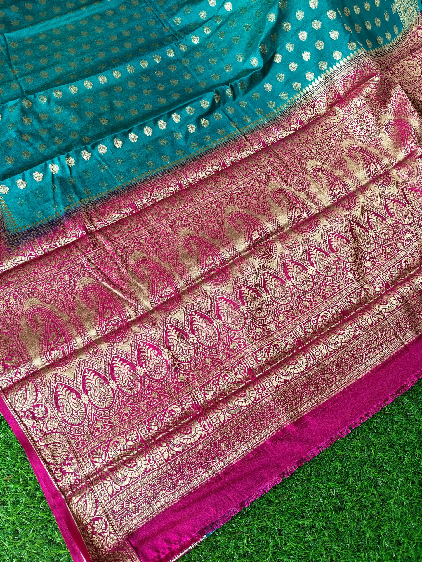 Peacock or Teal Blue Banarasi Semi Georgette Silk Saree with Rani Pink Contrast Border & Blouse