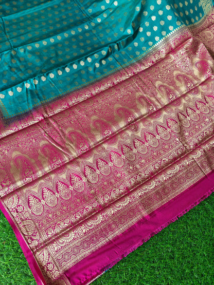 Peacock or Teal Blue Banarasi Semi Georgette Silk Saree with Rani Pink Contrast Border & Blouse
