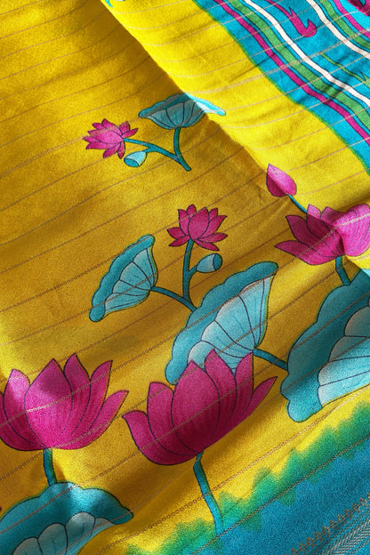 Yellow Kalamkari Print Semi Crepe Silk