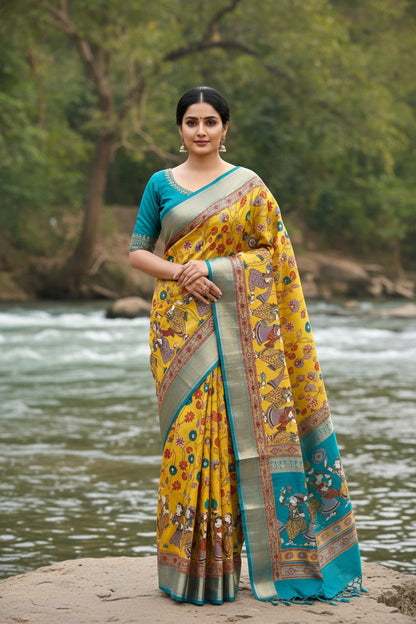 Yellow Kalamkari Print Semi Crepe Silk