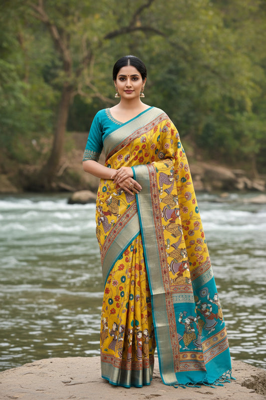 Yellow Kalamkari Print Semi Crepe Silk