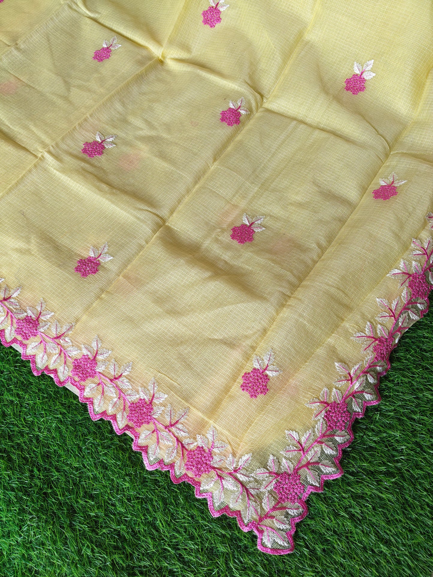 Kora cotton yellow  colour thread embroidered Saree