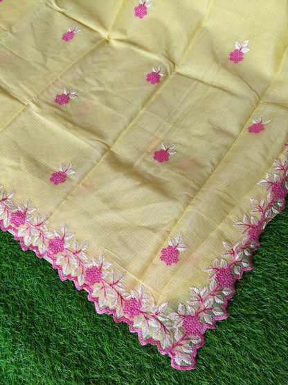Kora cotton yellow  colour thread embroidered Saree