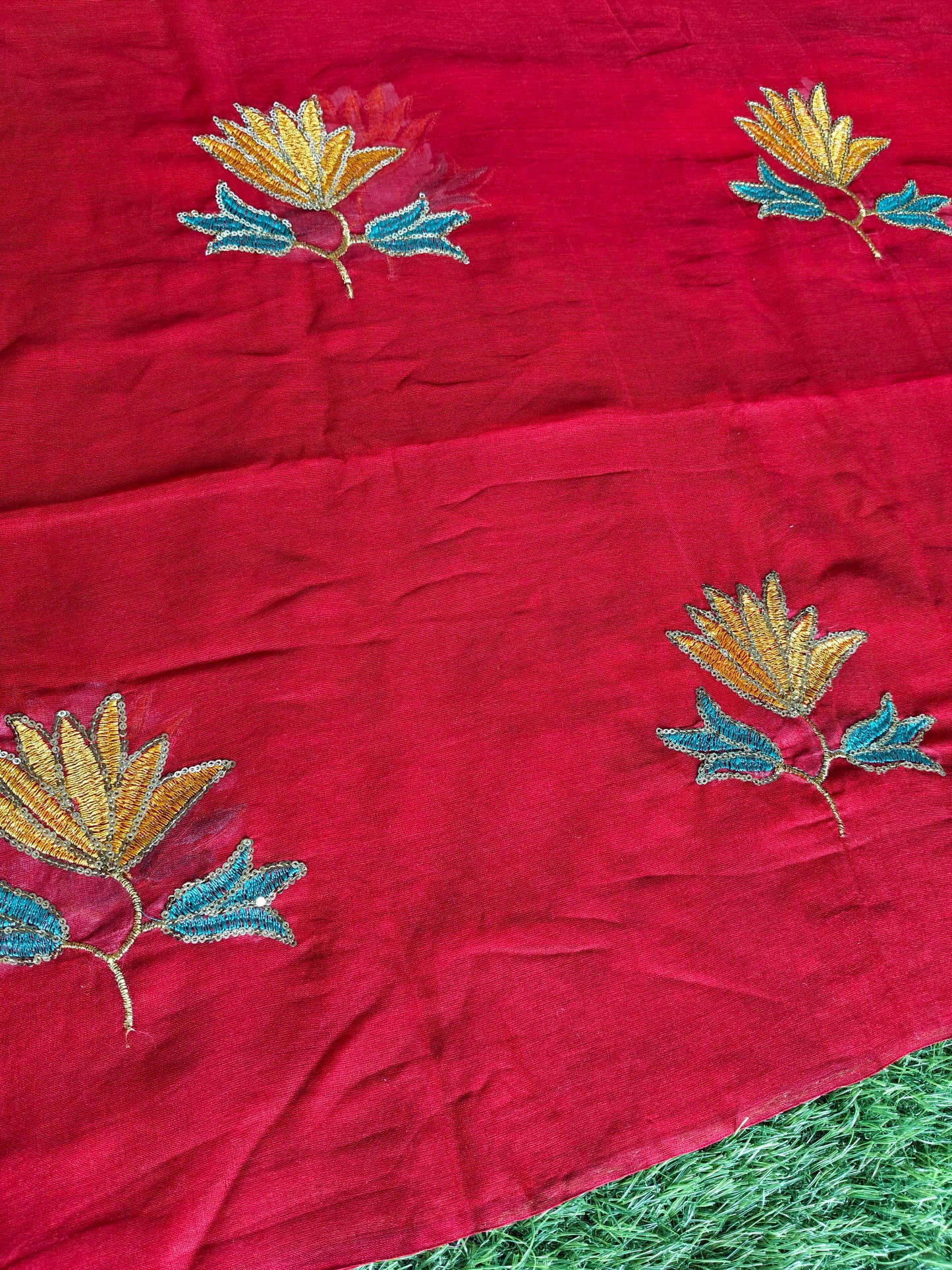 MulMul cotton Crimson Red colour thread embroidered Saree