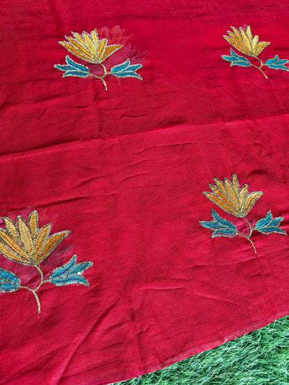 MulMul cotton Crimson Red colour thread embroidered Saree