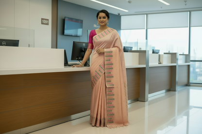 Peach Embroidered  Cotton Saree
