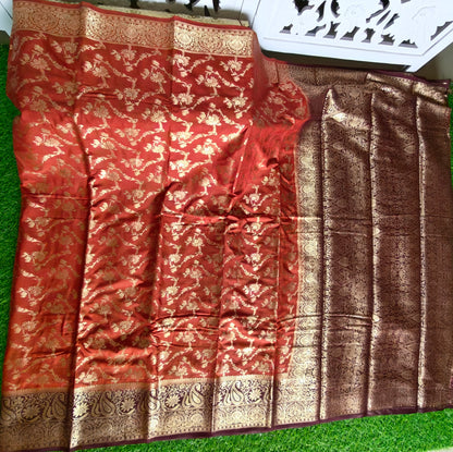 Rust orange Banarsi crepe Silk Saree (Copy)