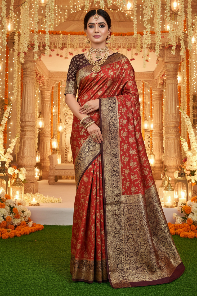 Rust orange Banarsi crepe Silk Saree (Copy)