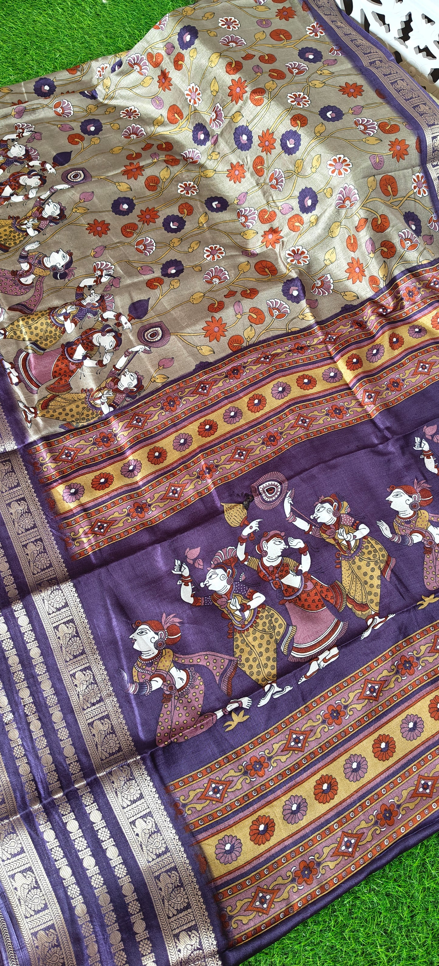 Purple Kalamkari Print Semi Crepe Silk
