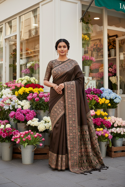 Coffee brown Italian crepe Silk Saree