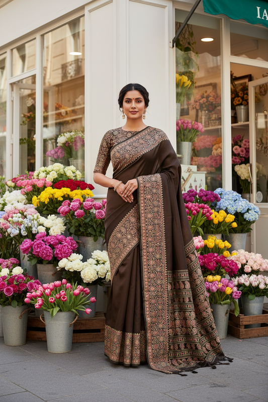 Coffee brown Italian crepe Silk Saree