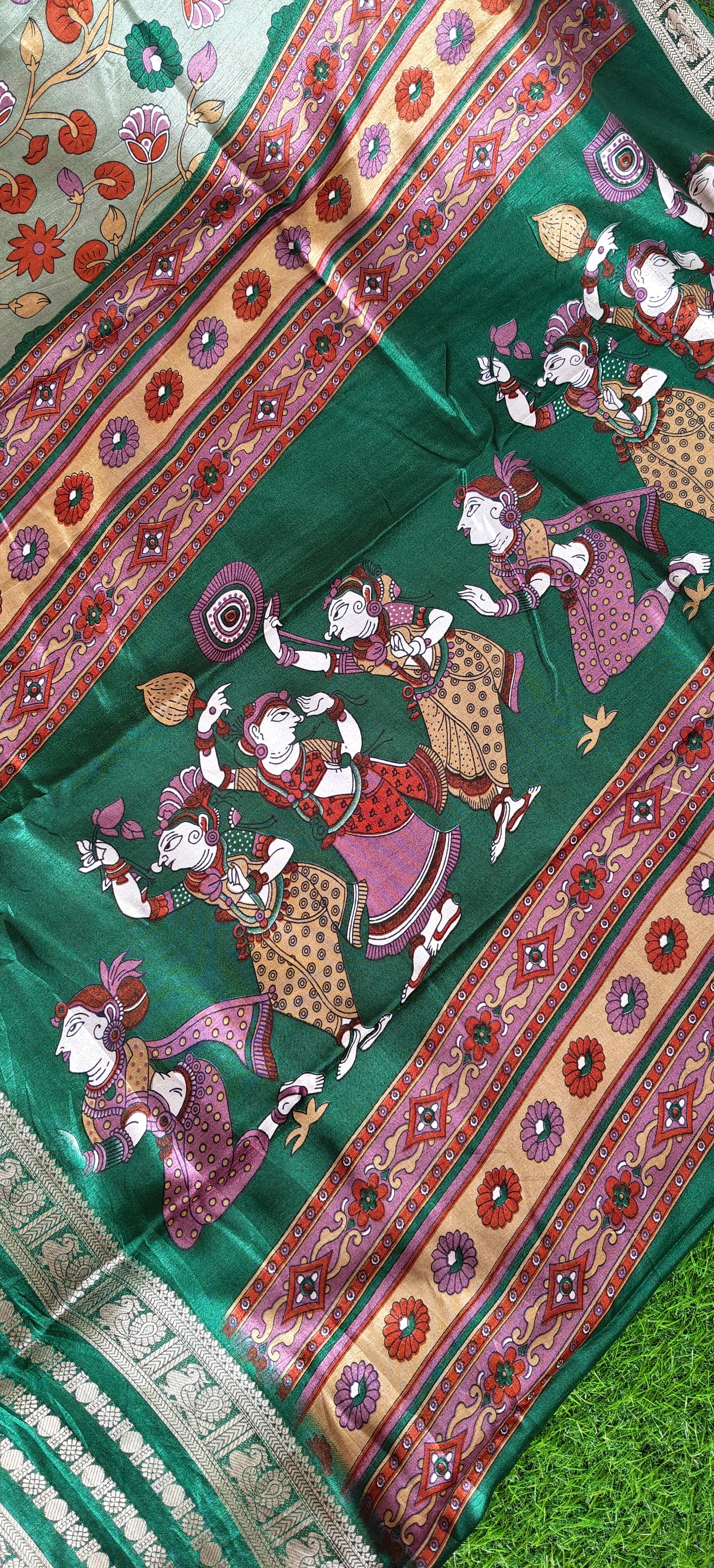 Green Kalamkari Print Semi Crepe Silk Saree