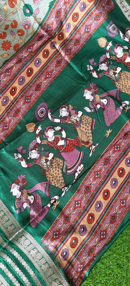 Green Kalamkari Print Semi Crepe Silk Saree