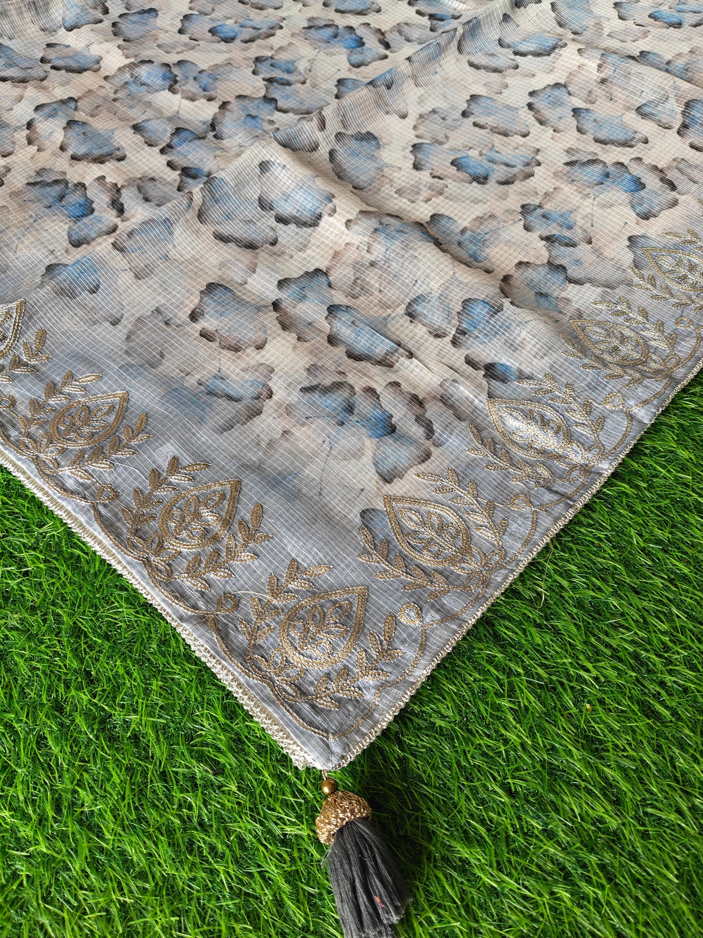 Grey Kota Cotton Silk Printed Saree with Zari Thread Embroidery & Contrast Blouse