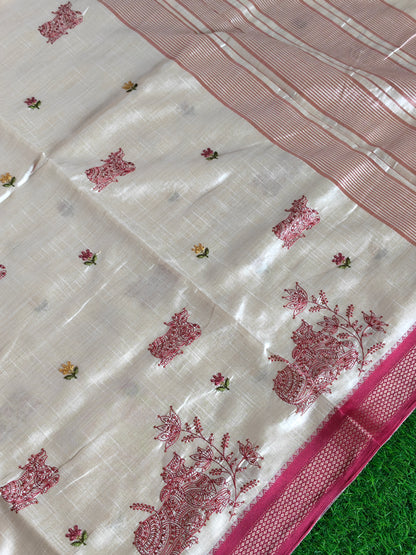 Cream Nandi Embroidered  Silk Saree