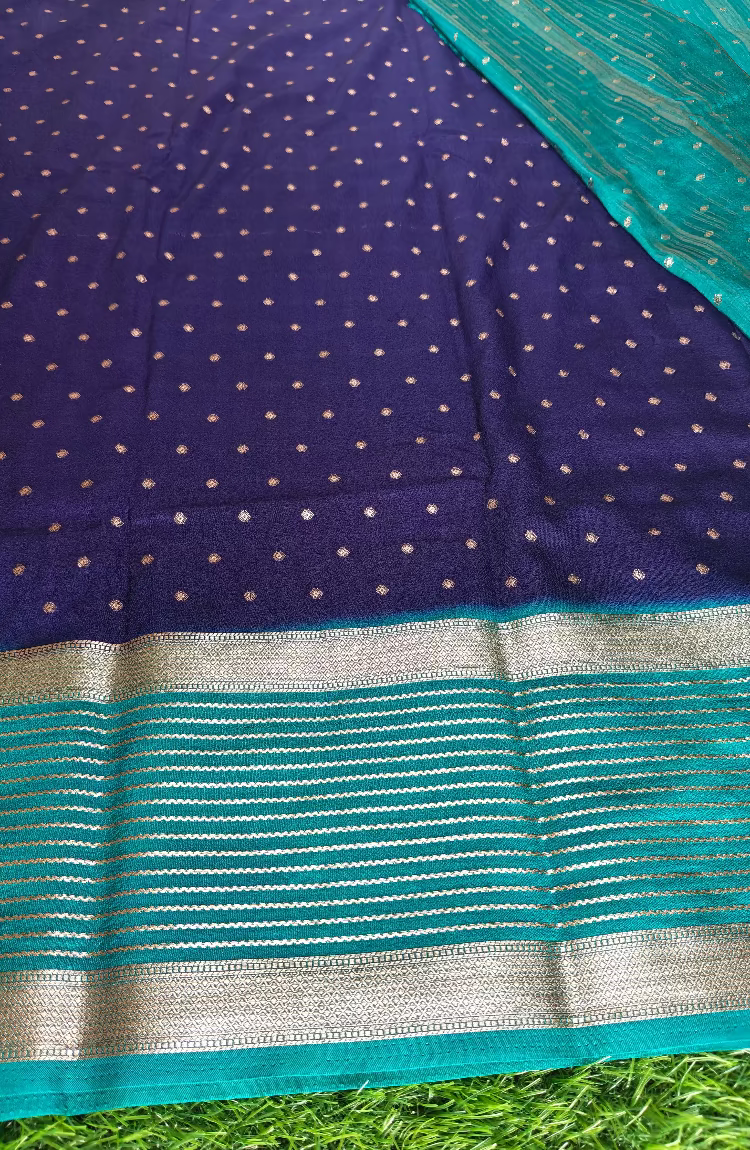 Crepe Silk dark  blue colour contrast border Saree