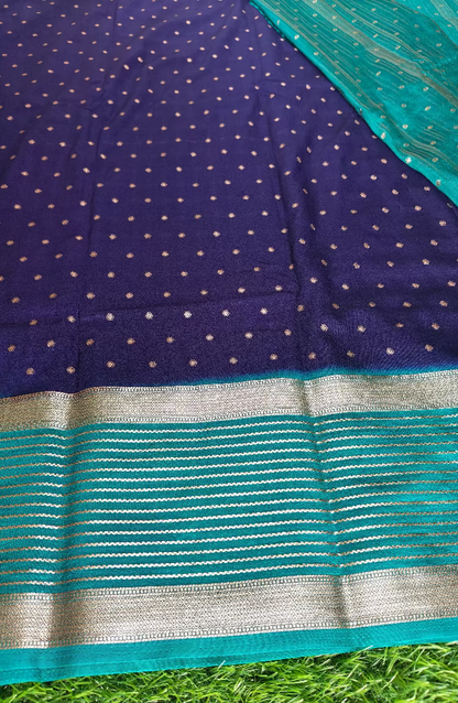 Crepe Silk dark  blue colour contrast border Saree