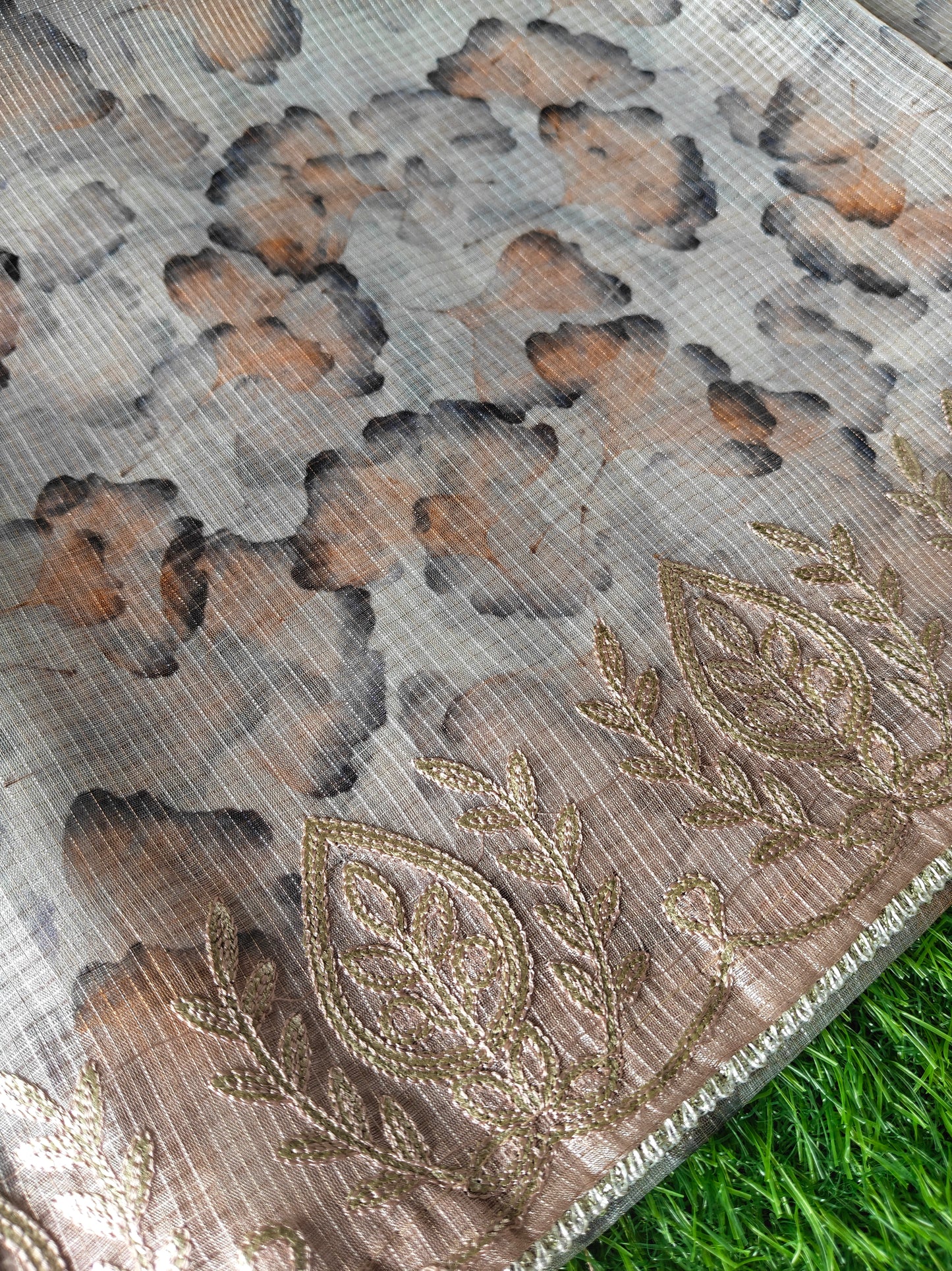 Earthy Brown Kota Cotton Silk Printed Saree with Zari Thread Embroidery & Contrast Blouse