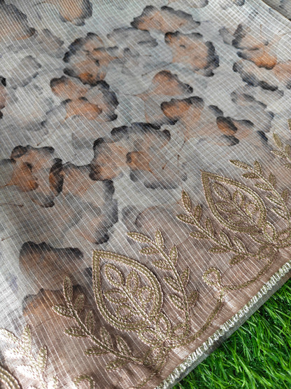 Earthy Brown Kota Cotton Silk Printed Saree with Zari Thread Embroidery & Contrast Blouse