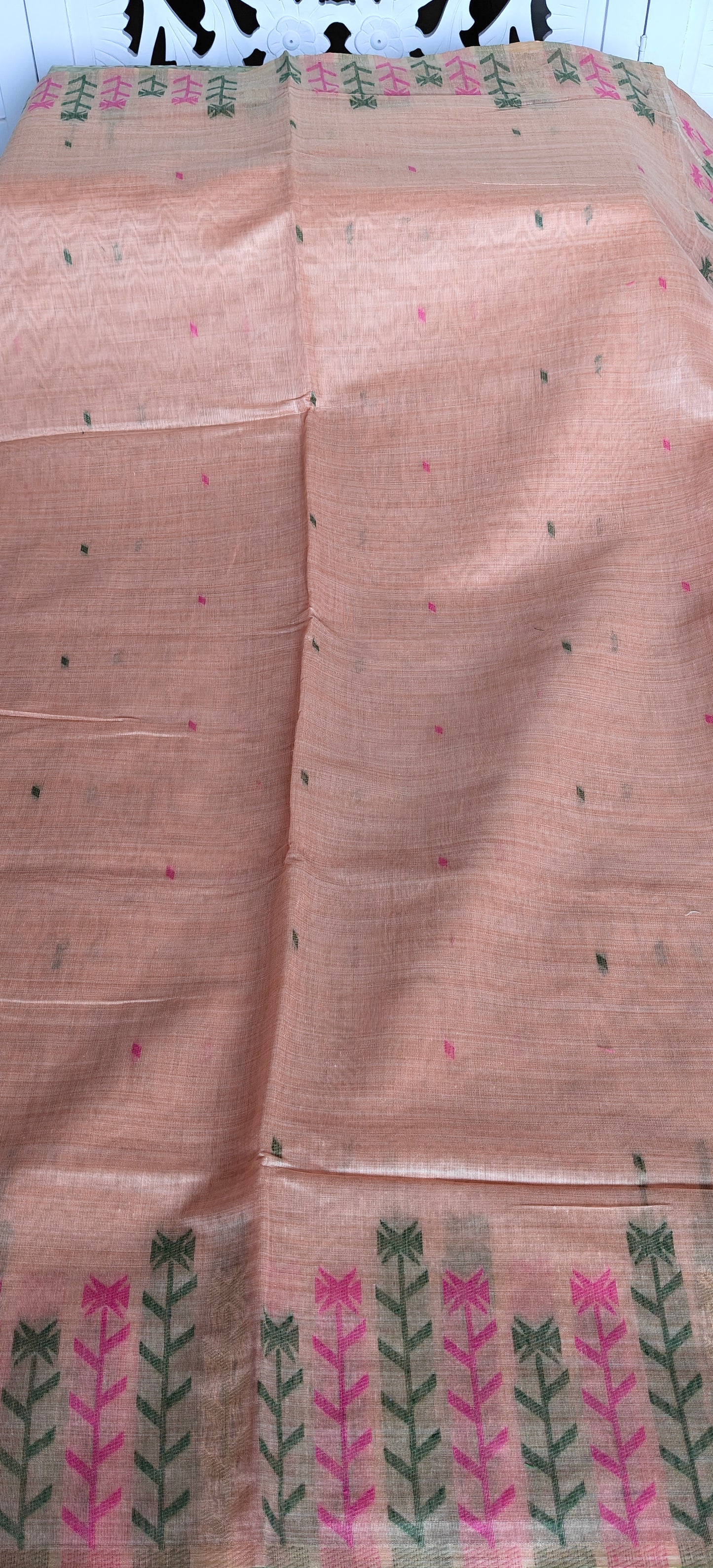 Peach Embroidered  Cotton Saree