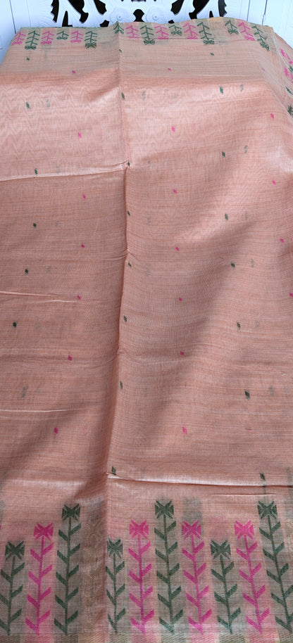 Peach Embroidered  Cotton Saree