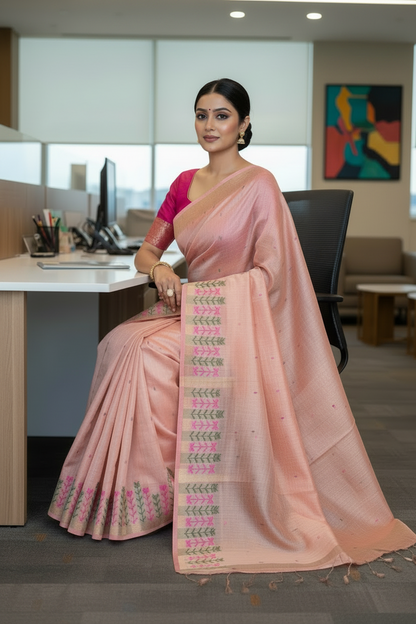 Peach Embroidered  Cotton Saree