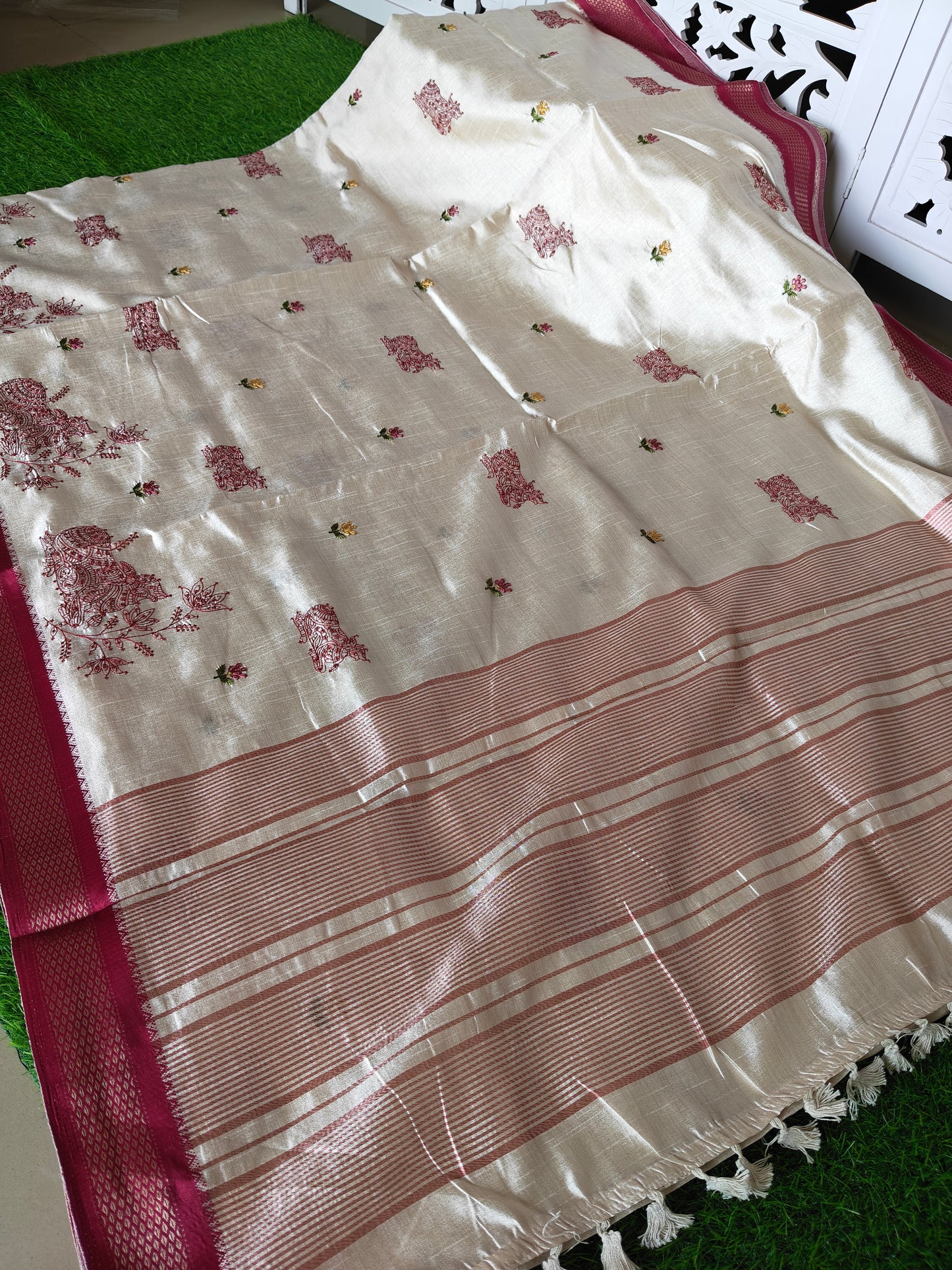 Cream Nandi Embroidered  Silk Saree