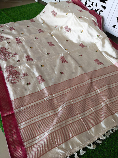 Cream Nandi Embroidered  Silk Saree