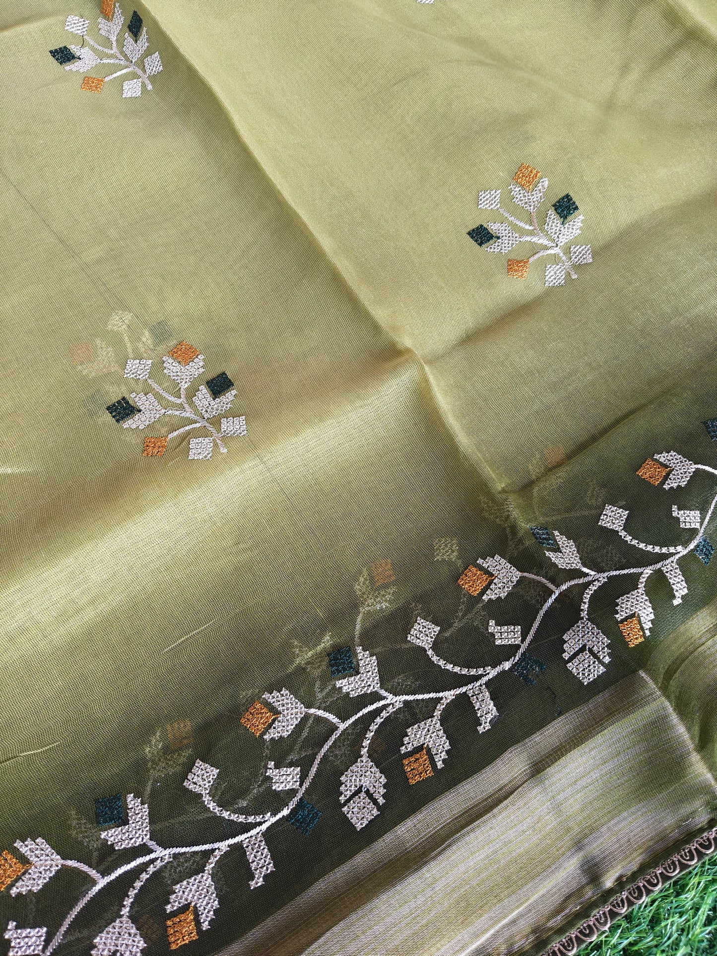 Double shaded dark green & light green color soft net thread embroidered saree