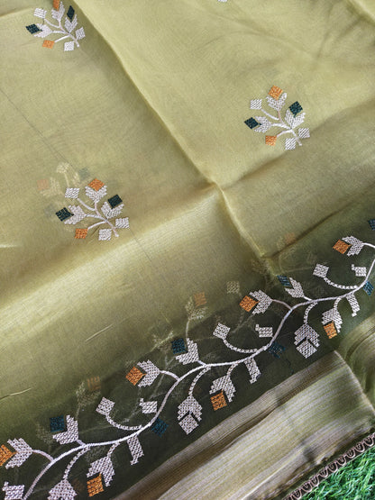 Double shaded dark green & light green color soft net thread embroidered saree