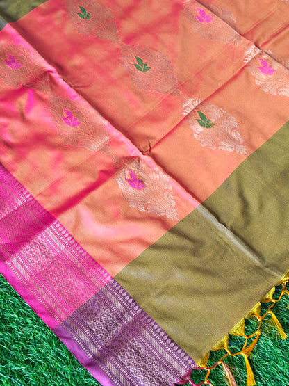 Double shades mehndi green contrast border n pallu saree