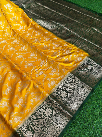 Yellow Banarsi crepe Silk Saree