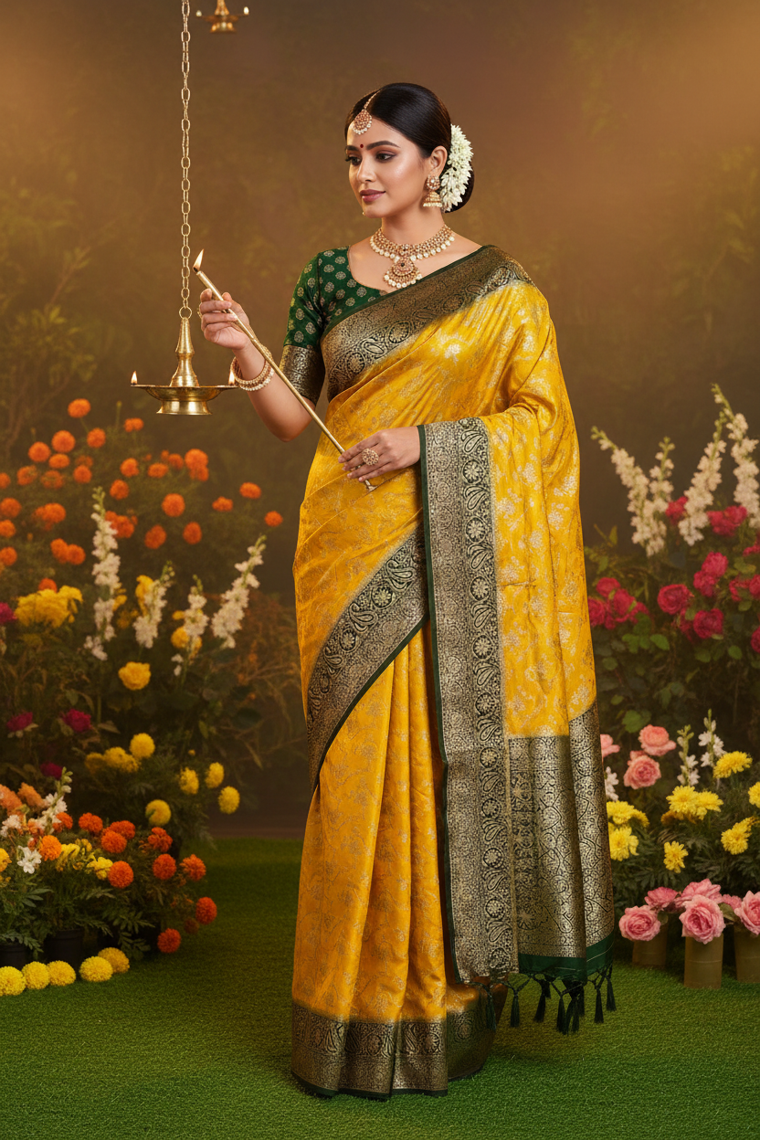 Yellow Banarsi crepe Silk Saree