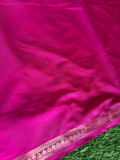 Rani Pink Color Semi Crepe Silk Saree With Slim Gold Border