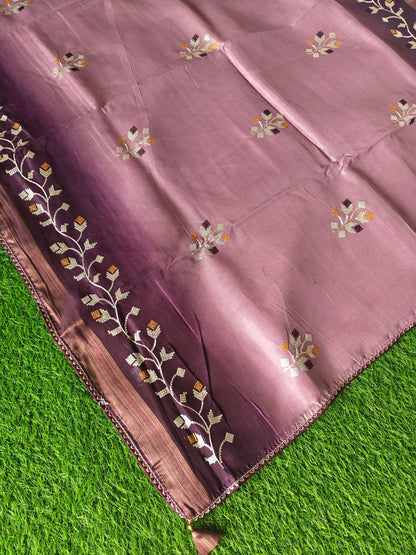 Double shaded dark wine & light wine color soft net thread embroidered saree