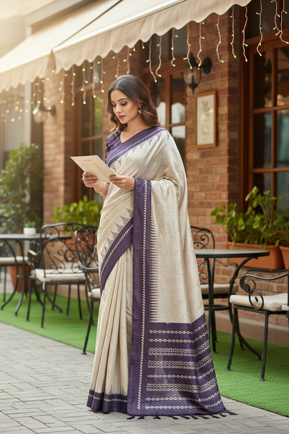 Cream Self Thread Embroidered Soft Silk Saree with Contrast Border