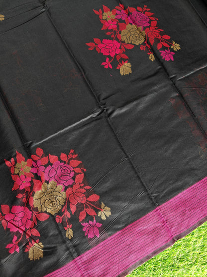 Black Cotton Saree with Thread Embroidery & Contrast Border | Elegant Traditional Saree